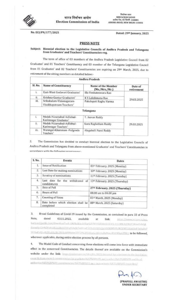 తెలుగు రాష్ట్రాల్లో ఎమ్మెల్సీ ఎన్నికల షెడ్యూల్ విడుదల