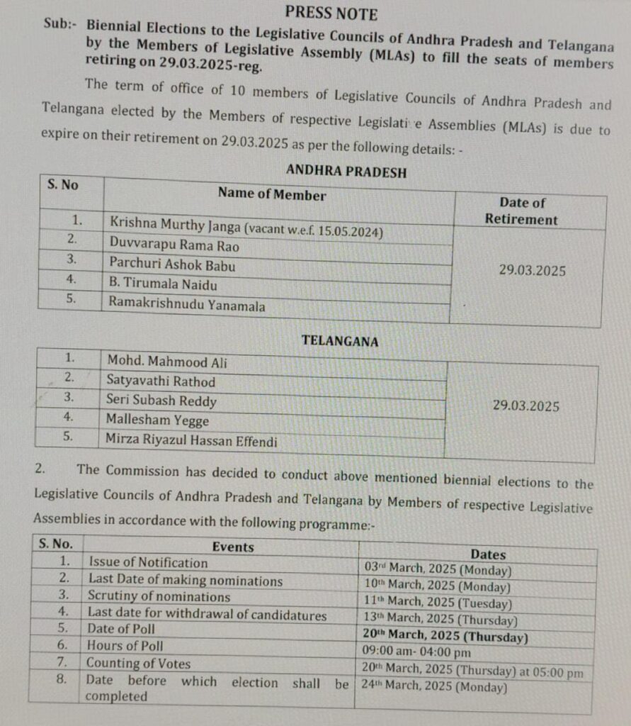 ఏపీ, తెలంగాణలో ఎమ్మెల్యే కోటా ఎమ్మెల్సీ ఎన్నికల షెడ్యూల్ విడుదల